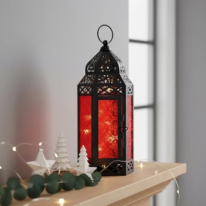 Farol Rectangular de Metal con Panel de Vidrio Rojo, Decoración Navideña para el Hogar, Uso Interior y Exterior, Duradero - Product Image 1