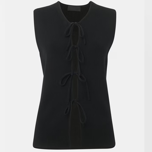 Gilet en tricot sans manches pour femme, col en V, couleur unie, fermeture à lacets, style minimaliste, 100% acrylique, tricot côtelé, à porter toute l'année - Product Image 1