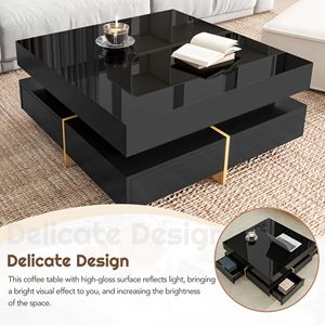 On TREND Modern High Gloss 4-Drawer <b>Coffee</b> <b>Table</b> Square Cocktail Tea Wood Grain <b>Legs</b> Center <b>Table</b> with Multi-Storage - Product Image 4