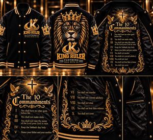 Chaqueta Bomber de Invierno para Hombre, Talla Grande, Color Negro y Dorado, con Cuello Alto, Cierre de Broches, Diseño Gráfico de León Religioso, Ropa Deportiva Personalizada - Product Image 5