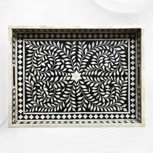 Elegant <b>Black</b> Floral Bone Inlay Serving Tray Handmade Premium Quality Decorative Serving tray by Curio Craft - Product Image 5