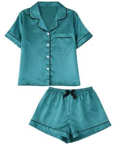 Conjunto de Pijama de Satén Teal Personalizado para Mujer, Manga Corta, Estilo Seda, Dos Piezas, Ropa de Dormir, Pantalones Cortos - Product Image 1
