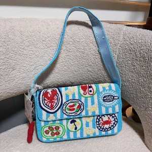 Bolso Rectangular Bordado a Mano de Algodón YUCI con Diseño de Mariscos y Limón, Bolso de Lona Azul a Rayas - Product Image 2