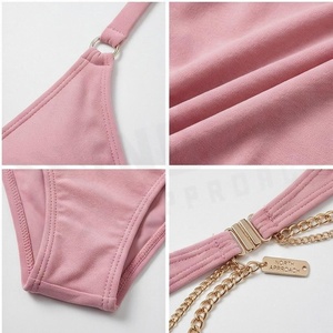 Conjunto de bikini rosa con bordado de cadena dorada y colgantes de cristal, traje de baño de dos piezas para mujer, tela elástica de color sólido - Product Image 4