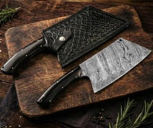 Couteau à découper moderne ambidextre fait main Edge Master Manufacture en acier Damas, manche en corne noire, étui en cuir, compatible lave-vaisselle - Product Image 6