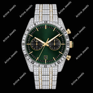 Montre chronographe de luxe avec cadran vert serti de diamants et accents dorés - Product Image 2