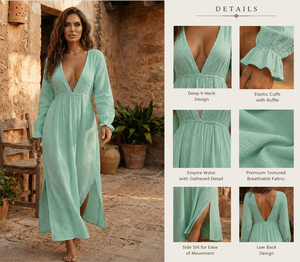 Vestido Maxi de Gasa de Algodón Verde Menta para Mujer, Cuello en V Profundo, Manga Larga, para Vacaciones en la Playa, Vestido de Verano - Product Image 3