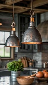 Lámpara Colgante Industrial LED E27 de Metal Martillado, Estilo Campana, Tono Latón, para Isla de Cocina, Hotel, Decoración - Product Image 2