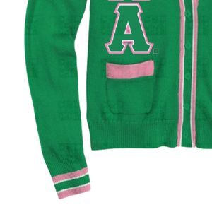 Green Pink Chenille Letters Shield <b>Cardigan</b> <b>Sweater</b> Women Embroidered Crest Knit Button Front Preppy Style Casual Fashion - Product Image 2