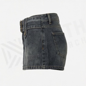 Short en jean vintage délavé taille mi-haute pour femme, couleur personnalisée, imprimé tendance, avec ceinture, coupe ajustée, qualité supérieure_1 - Product Image 3