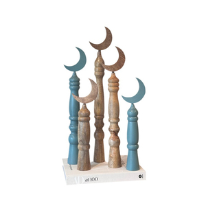 Handcrafted Wooden Moon Finial Stand Set For <b>Rustic</b> <b>Home</b> & Eid <b>Decoration</b>. Elegant Turned Pillars, Unique Tabletop Accents - Product Image 5