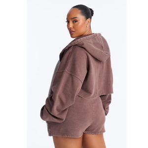 Custom <b>Women</b> Solid Vintage Acid Wash Cropped Zip Hoodie and <b>Sweat</b> <b>Shorts</b> Set Oversized Cotton for Wear Spring Summer Outfit - Product Image 4