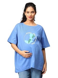 เสื้อยืดโอเวอร์ไซส์สีน้ำเงินสำหรับผู้หญิง พิมพ์ลายโลก ทรงคอกลม ทรงหลวม ผ้าฝ้าย 100% ระบายอากาศได้ดี แขนเสื้อแบบปกติ ผ้าเจอร์ซีย์ - Product Image 1
