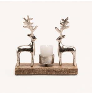 Handmade Silver Metal Reindeer Tealight Candle Holder With Natural Mango Wood Base For Christmas Home Decoration & Festive Table - Product Image 4
