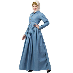 Robe longue plissée en jean premium sur mesure avec ceinture et boutons, manches longues, légère, en coton biologique, idéale pour l'été et les fêtes, pour femmes musulmanes. - Product Image 3