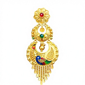 Pendientes Jhumka de Lujo en Oro Sólido de 22K con Diseño de Pavo Real Meenakari, Joyería Nupcial India Tradicional, Chandbali de Oro Hecho a Mano - Product Image 2