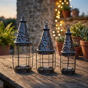 Juego de Faroles Metálicos con Jaula de Vidrio Cilíndrica, Decoración para Exteriores y Hogar, Portavelas Vacíos - Product Image 6