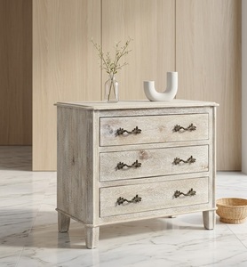 Commode vintage en bois massif à 3 tiroirs, meuble de rangement traditionnel autoportant pour chambre et couloir - Product Image 3