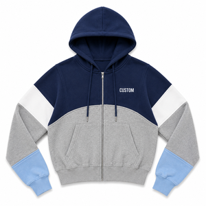 Women's <b>Cropped</b> Color Block <b>Zip</b> <b>Up</b> Hoodies Custom Logo Heavyweight Fleece Drop Shoulder Pullover Casual OEM Streetwear Factory - Product Image 3