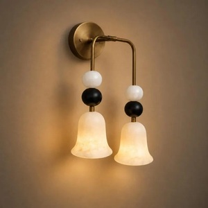 Double Alabaster Wall Sconce, Brass Twin Wall Light, Natural Stone Shades, Modern Bedroom Bathroom Vanity Lighting - Product Image 2