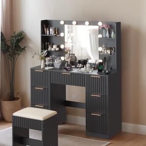 Set Toeletta in Truciolato Nero con Finitura Melaminica, 7 Cassetti, 4 Ripiani, 10 Lampadine Tricolore, Alimentatore Incluso - Product Image 3