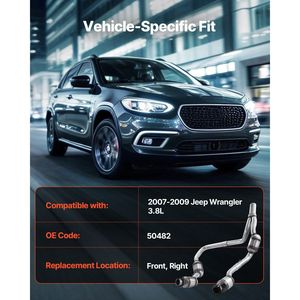 Convertidor Catalítico de Repuesto de Alto Flujo Delantero Derecho para Jeep Wrangler 3.8L V6 2007-2009, OE 50482, Acero Inoxidable, Gases de Escape - Product Image 2