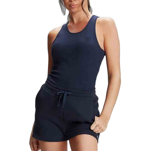<b>Women</b> V-neck Sleeveless Tank <b>Top</b> Solid <b>Navy</b> Blue Breathable Polyester Spandex Yoga Front Logo Regular Fit Adult Sportwear - Product Image 1