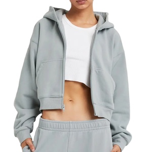 El más nuevo estilo Plain Drop Shoulder Hoodie Mujeres Casual Fit Cotton Fleece Crop Top Zipper up Hoodie 2026 - Product Image 1