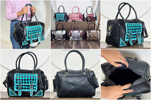 Sac à main en cuir de vachette de style western vintage, style rodeo, avec rabat orné de motifs à carreaux turquoise et noir, sac bandoulière et épaule pour femme - Product Image 3