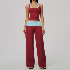 Women 2 Piece Yoga Set High Waist Solid Color Seamless Crop Top Wide Leg <b>Pants</b> <b>Spandex</b> Polyester Breathable - Product Image 3