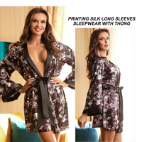 Prêt à Expédier Manches Longues Imprimé Floral Sexy Lingerie Au-dessus du Genou Longueur Kimonos Ladies Homewear Satin Robes Vêtements de Nuit pour Femmes
