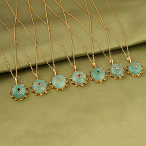 Handcrafted prong set pendant jewelry with natural amazonite tiny red quartz cubic zirconia bezel charms round shaped necklace - Product Image 2