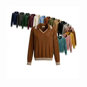 Camiseta Polo de Punto Acanalado con Cuello en V, Estilo Moderno, Cuello en Contraste, Suéter Informal para Otoño e Invierno, Color Personalizado, Elegante y Cómodo - Product Image 1