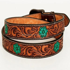 Ceinture en cuir usinée personnalisée, design floral turquoise, sculptée à la main, ceinture d'outillage en cuir occidental pour hommes, boucle de créateur - Product Image 5