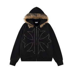 Sudadera con capucha Y2K de invierno para hombre, estilo vintage, informal, holgada, brillante, con pedrería, cremallera, forro polar y ribete de piel. - Product Image 4
