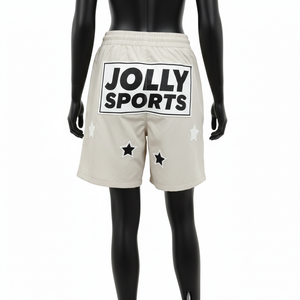 Shorts cortavientos de alta calidad para mujer, poliéster transpirable, beige crema, con apliques bordados y logotipo. - Product Image 2