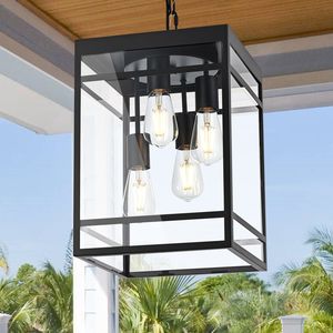 Lampada a Sospensione Nera da Esterno con Pannello in Vetro Smerigliato, Grande Lampadario Lineare da Esterno per Portico - Product Image 2