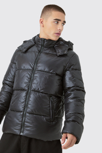 Men's Puffer Jacket Winter Casual Windproof Thick PU Coat Black Regular Fit <b>Covered</b> <b>Button</b> Closure Solid Color Patchwork High - Product Image 2