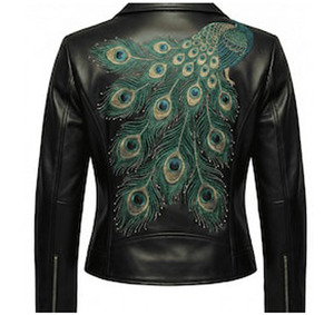 Chaqueta de Motocicleta de Cuero Genuino para Mujer con Bordado Floral, Cierre de Cremallera en Manga Larga, Cuello Camisero, Estilo Otoñal - Product Image 3