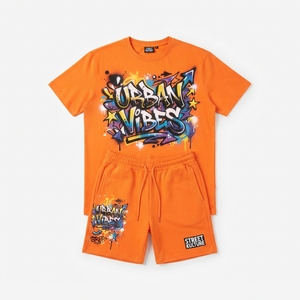 Conjunto Deportivo Informal de Camiseta y Pantalones Cortos de Algodón con Estampado de Grafiti Urbano y Logotipo Personalizado para Gimnasio, Fitness y Jogging - Product Image 3