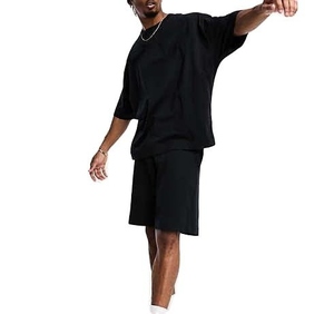Men's Black Cotton Two Piece T-Shirt Shorts <b>Set</b> Crew Neck Solid Color Casual Summer <b>Knitted</b> Wear Breathable Lightweight - Product Image 1