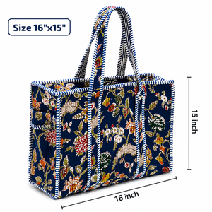 Floral Printed Quilted Cotton <b>Tote</b> <b>Bag</b> with <b>Zipper</b> Closure 16x15 Inch Double Shoulder Handles for Groceries - Product Image 1