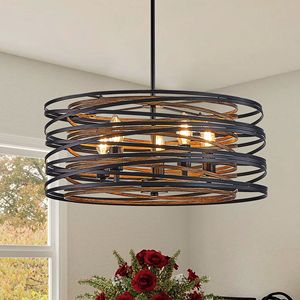 Lampadario a sospensione industriale rustico da 20 pollici a 5 luci, gabbia in metallo nero noce con accenti in legno per l'arredamento dell'isola della cucina - Product Image 5