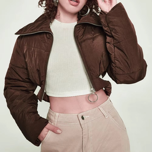 Veste d'hiver matelassée pour femme de haute qualité, imperméable, respirante, à capuche, dernier design, col rabattu en tricot, couleur marron - Product Image 3