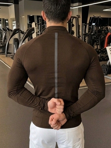 Men's Slim Fit <b>Long</b> <b>Sleeve</b> O-Neck Compression Shirt Front Eco-Friendly Quick Dry Solid <b>Brown</b> Sporty Knitted Spandex Workout <b>Top</b> - Product Image 2