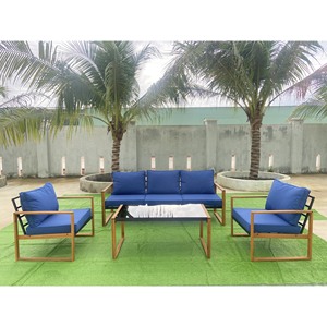 Juego de muebles de patio de aluminio de 5 piezas modernas con mesa de centro de vidrio templado y cojines azules Estilo moderno elegante para exteriores - Product Image 1