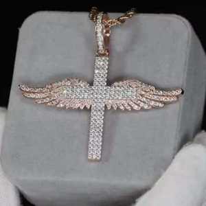Colgante de Cruz con Alas de Ángel de Moissanita Chapado en Oro Rosa, Amuleto de Plata Esterlina 925 para Hombres y Mujeres, Regalo para Fiestas - Product Image 3