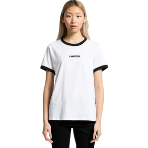 T-shirt à col rond et manches courtes pour femme, avec bordure contrastante, coupe classique, imprimé discret sur la poitrine, en jersey de coton, style Ringer, vente en gros, personnalisable, OEM - Product Image 1