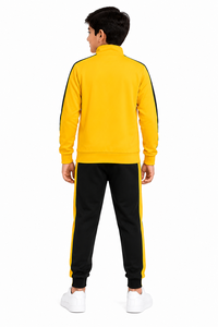 Ensemble de survêtement sportif jaune et noir pour garçons, veste zippée intégrale et pantalon de jogging assorti, en polyester premium avec logo sur le devant, vêtements de sport - Product Image 3