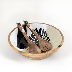 Bol à salade en bois artisanal moderne avec design émaillé noir et blanc et cuillères de service au prix le plus bas d'Inde - Product Image 3
